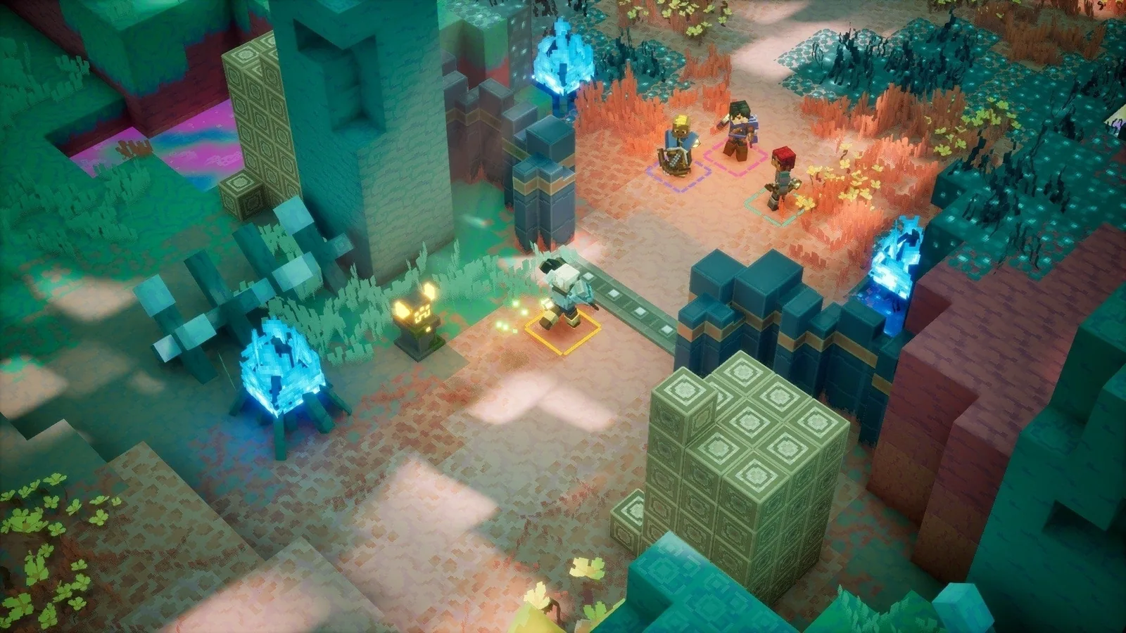 Hero swinging a weapon through a crowded battle in Minecraft Dungeons II