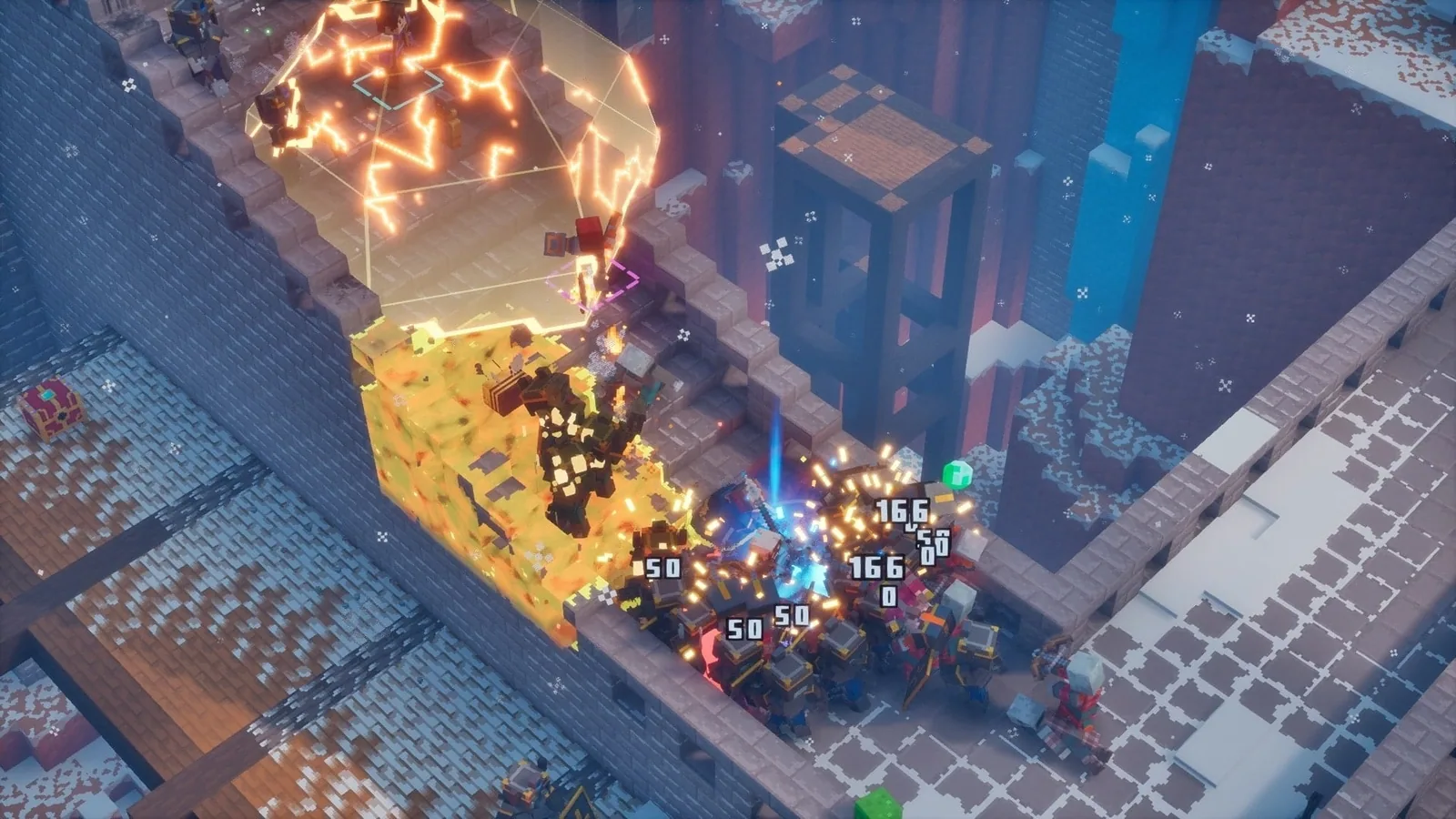Gameplay reveal frame showing Heroes exploring a lush Minecraft world