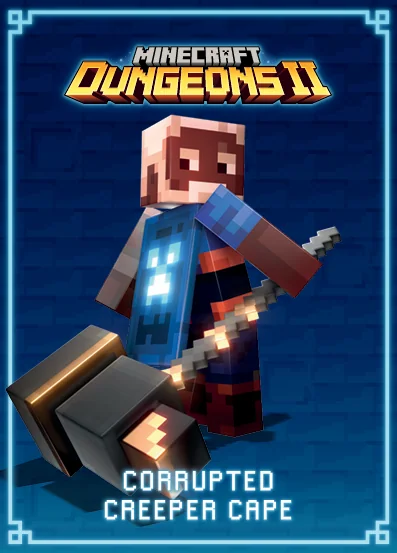 Digital giveaway card artwork for the Corrupted Creeper cape promotion in Minecraft Dungeons II