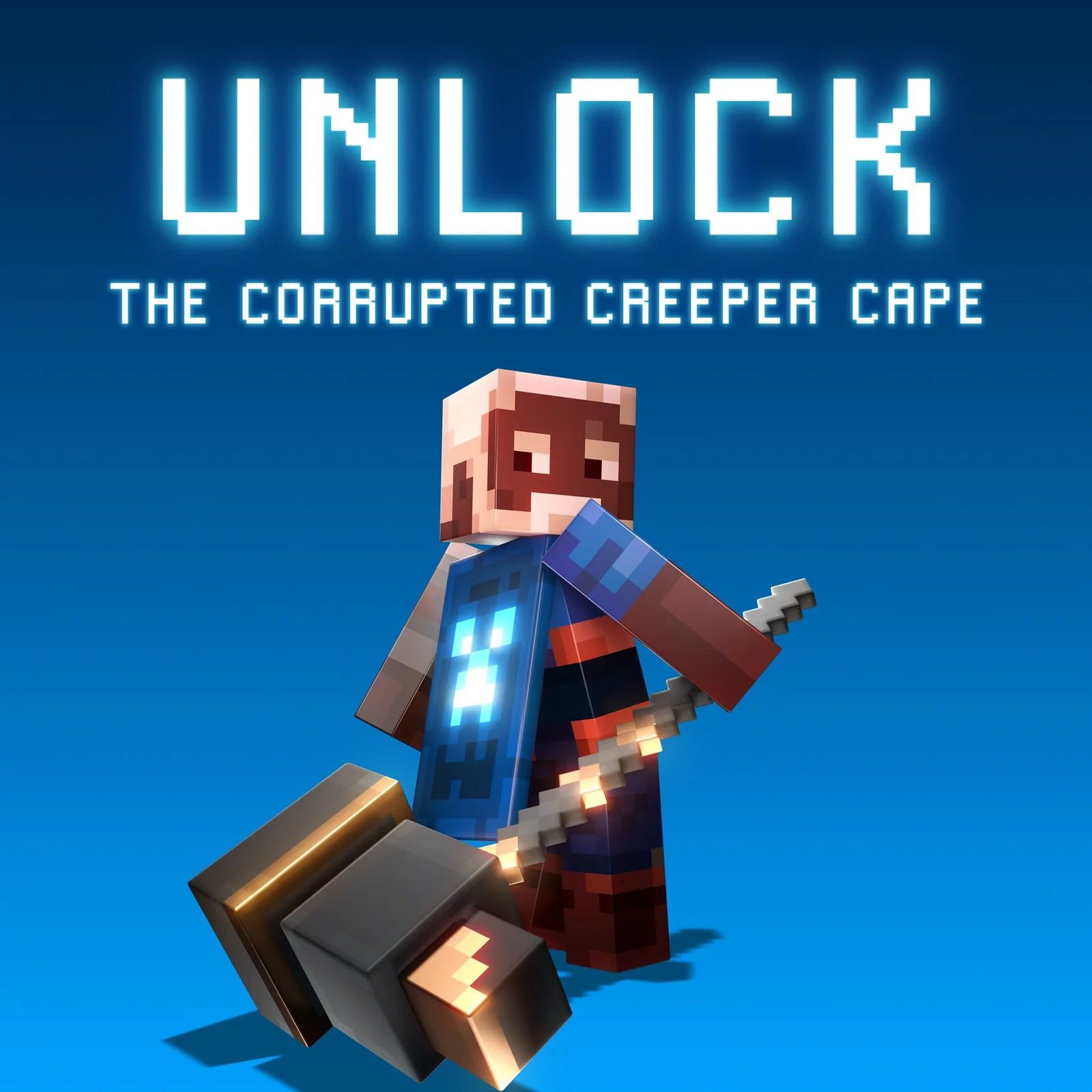 Kellen wearing the Corrupted Creeper cape in Minecraft Dungeons II promotional render