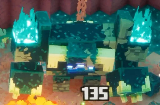 Sculk Monstrosity towering over the player in a sculk covered cave