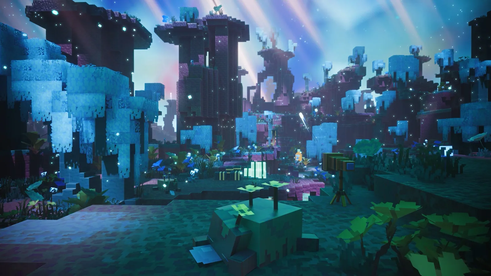 Red stone cliffs and green vegetation across the Sift dimension ambience in Minecraft Dungeons II