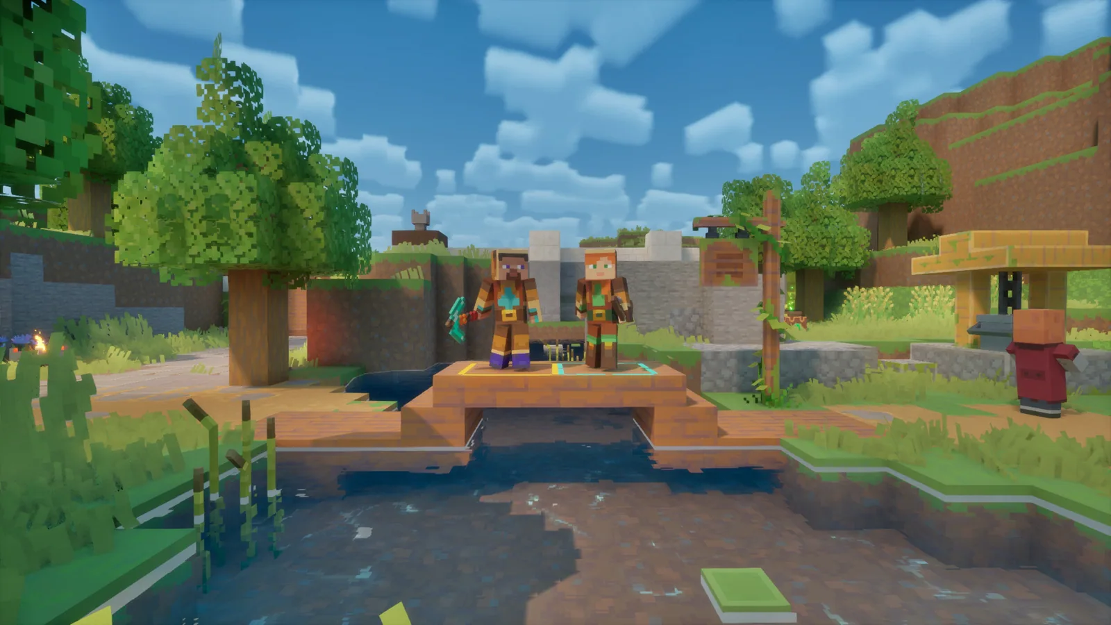 Heroes fighting side by side in the combat scene used on the Minecraft Dungeons II store page