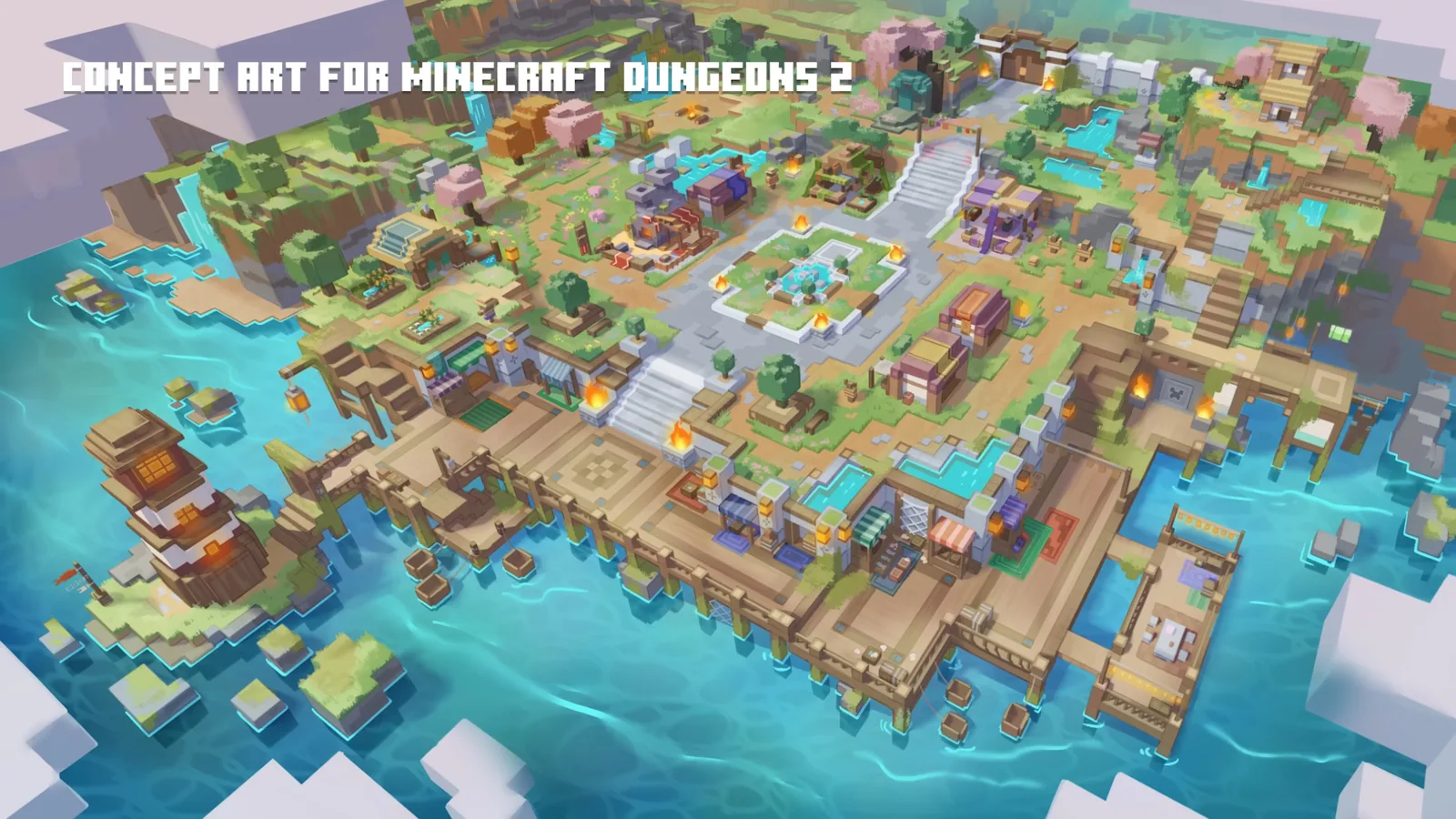 Heroes exploring a village scene ahead of the Minecraft Dungeons II launch window